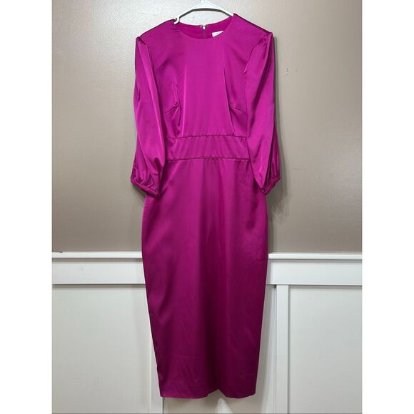 NWT Ieena For MAC DUGGAL High Neck Lined Magenta 3/4 Sleeve Midi Dress Women's 6 - Picture 2 of 14